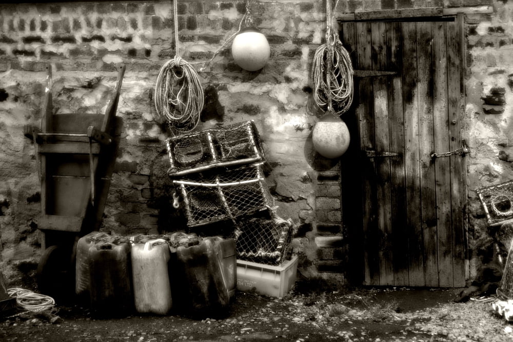 Fishing Hut And Supplies Canvas Art - John Short Design Pics (36 x 24)