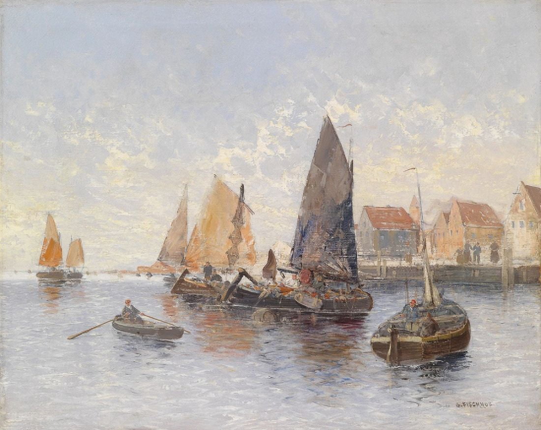 Fishing In Hafen 1914 Art Canvas Art - Georg Fischhof (24 x 36)