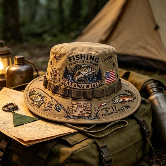Fishing Is A Way Of Life Boonie Hat with Wide Brim and Adjustable Chin Cord, Outdoor Sun Protection Headwear for Camping and Fishing Adventures.
