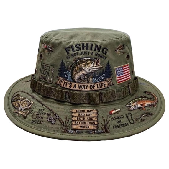 Fishing Is A Way Of Life Boonie Hat with Wide Brim and Adjustable Chin Cord, Outdoor Sun Protection Headwear for Camping and Fishing Adventures.
