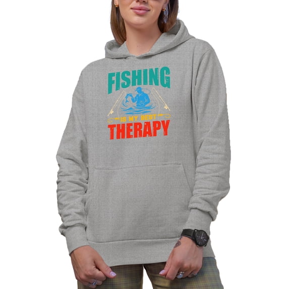 Fishing Is My Best Therapy, Fisherman or Fishing Enthusiast, Heather Grey Hooded Sweatshirt or Hoodie, Medium