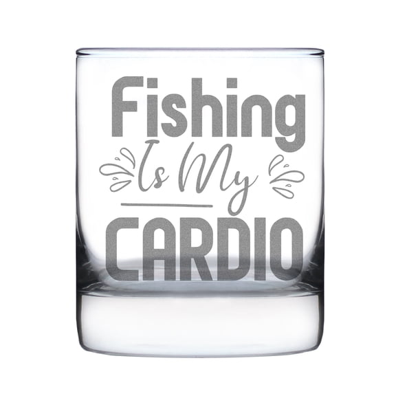 Fishing Is My Cardio Hand Engraved 10oz Rocks Glass, Etched Lover Glassware, for Anglers