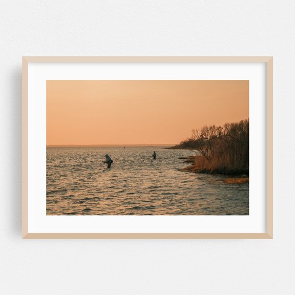 Fishing at Island Beach - Seaside Park New Jersey Photography Fishing Sunset Seascape Silhouette Coastal Nature Water Oak Framed Wall Art Print 24 x 36 inches