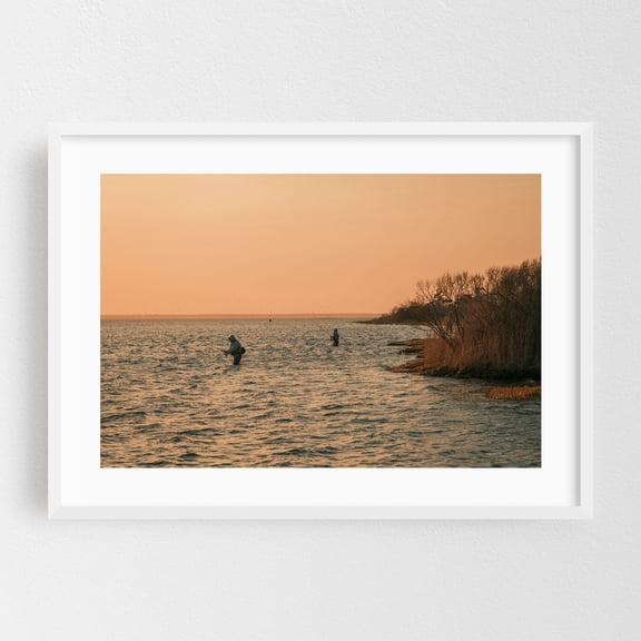 Fishing at Island Beach - Seaside Park New Jersey Photography Fishing Sunset Seascape Silhouette Coastal Nature Water White Framed Wall Art Print 24 x 36 inches