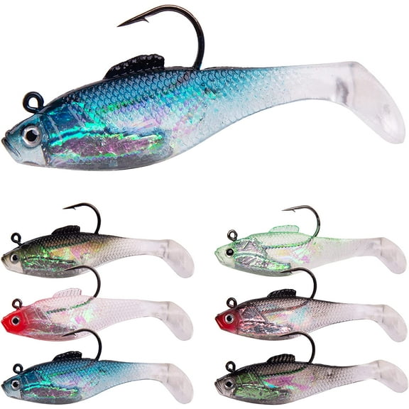 Fishing Jig Head Swim Shad Lures, 6Pcs Soft Fishing Lures Swim Baits with Sharp Hook for Bass Pre-Rigged Swimbaits with Spinner Paddle Tail for Saltwater Freshwater Trout Pike Walleye