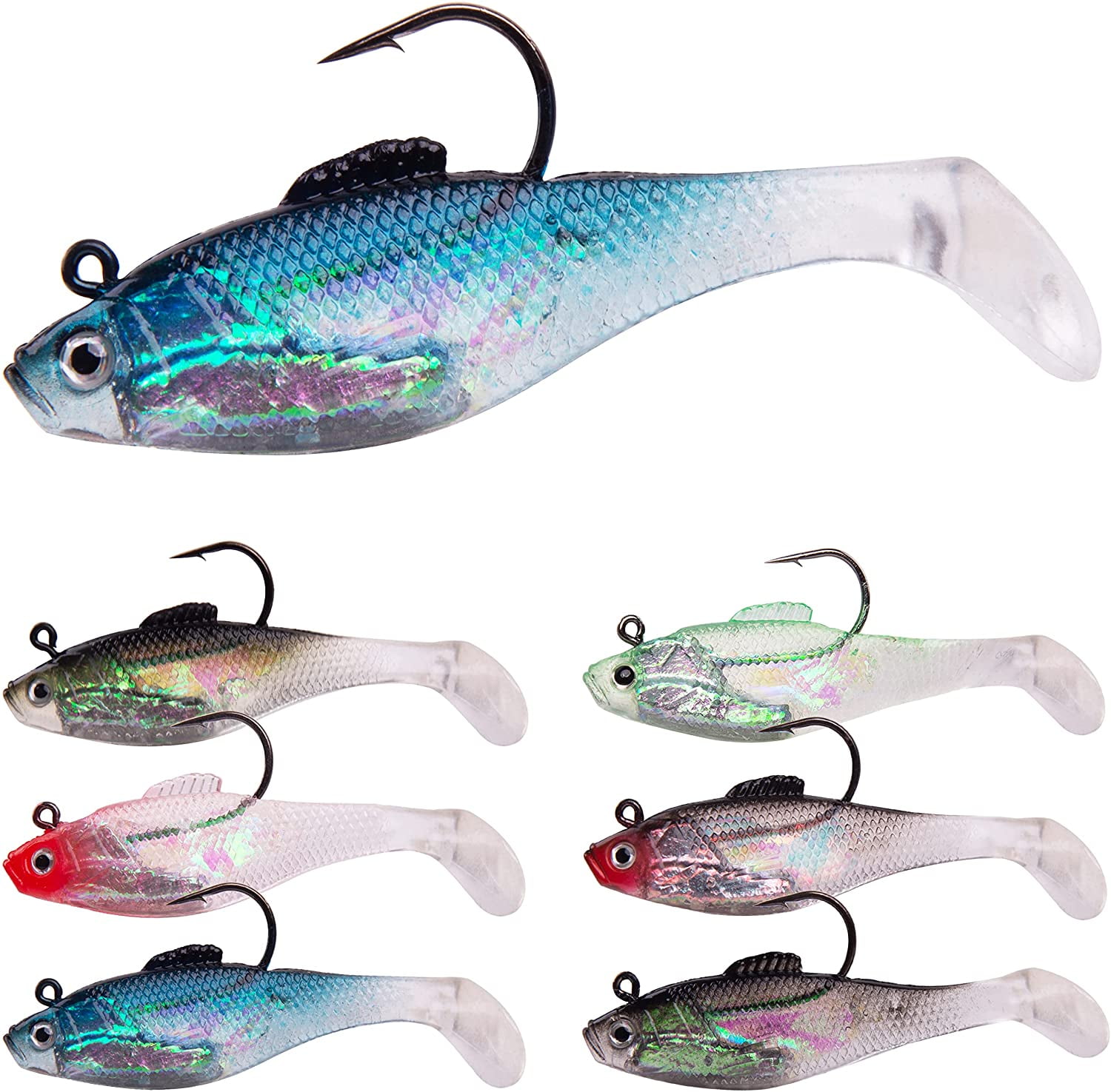 Fishing Jig Head Swim Shad Lures, 6Pcs Soft Fishing Lures Swim Baits with  Sharp Hook for Bass Pre-Rigged Swimbaits with Spinner Paddle Tail for