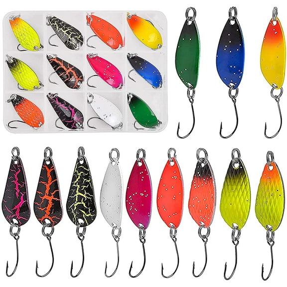Fishing Jig Hooks Spoons Lure Baits 12pcs Trout Fishing Kit Hard Metal Spinner Baits Fishing Jig Spoon Lures Kit with Tackle Box