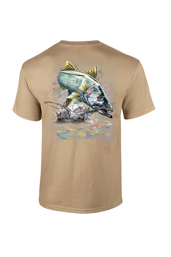 Fishing Jumping Snook Adult Short Sleeve T-Shirt-Tan-Small