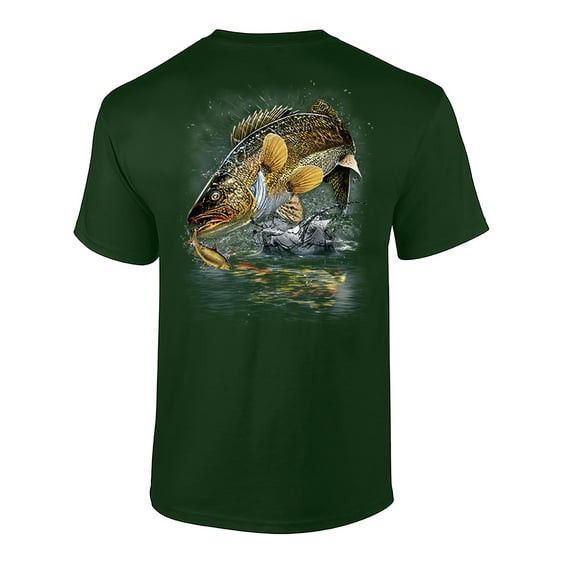 Fishing Jumping Walleye Adult Short Sleeve T-Shirt-Forest Green-5XL