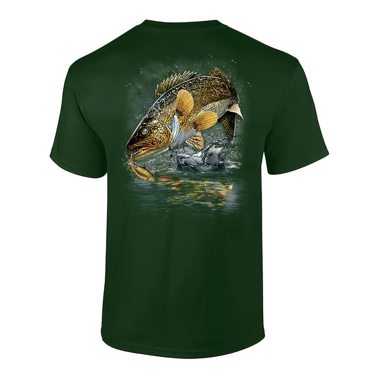 Fishing Jumping Walleye Adult Short Sleeve T-Shirt-Forest Green