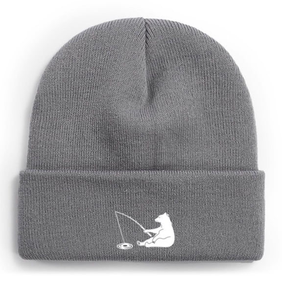 Fishing Knit Beanie Hat - Bear Fishing Winter Fishing Hats for Men Cuffed Skull Cap Gift for Dad Husband Grandpa Christmas Father's Day Birthday
