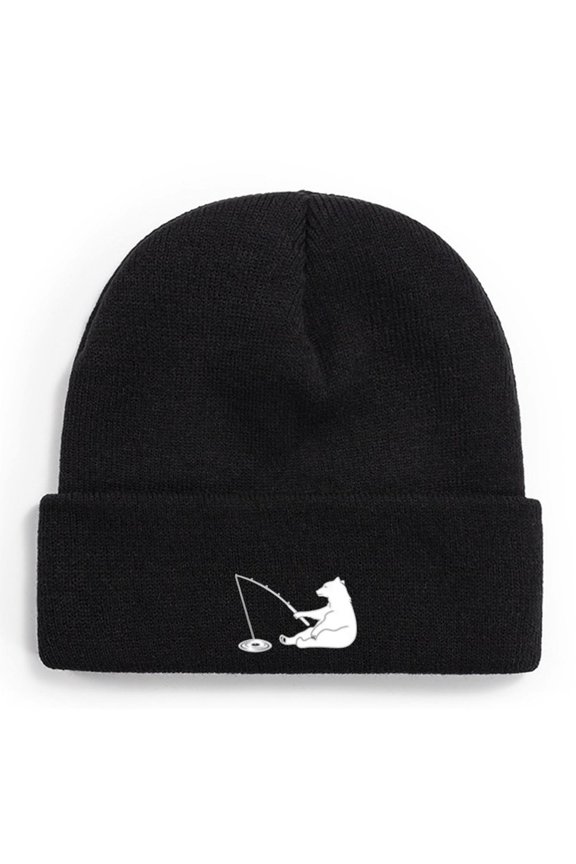 Fishing Knit Beanie Hat - Bear Fishing Winter Fishing Hats for Men Cuffed Skull Cap Gift for Dad Husband Grandpa Christmas Father's Day Birthday