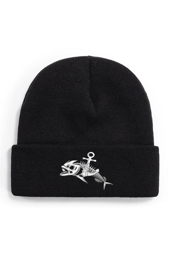 Fishing Knit Beanie Hat - Fish Bones Winter Fishing Hats for Men Cuffed Skull Cap Gift for Dad Husband Grandpa Christmas Father's Day Birthday