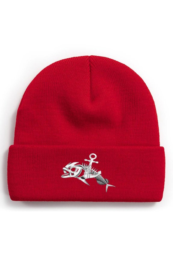 Fishing Knit Beanie Hat - Fish Bones Winter Fishing Hats for Men Cuffed Skull Cap Gift for Dad Husband Grandpa Christmas Father's Day Birthday