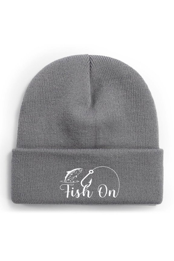 Fishing Knit Beanie Hat - Fish On Winter Fishing Hats for Men Cuffed Skull Cap Gift for Dad Husband Grandpa Christmas Father's Day Birthday