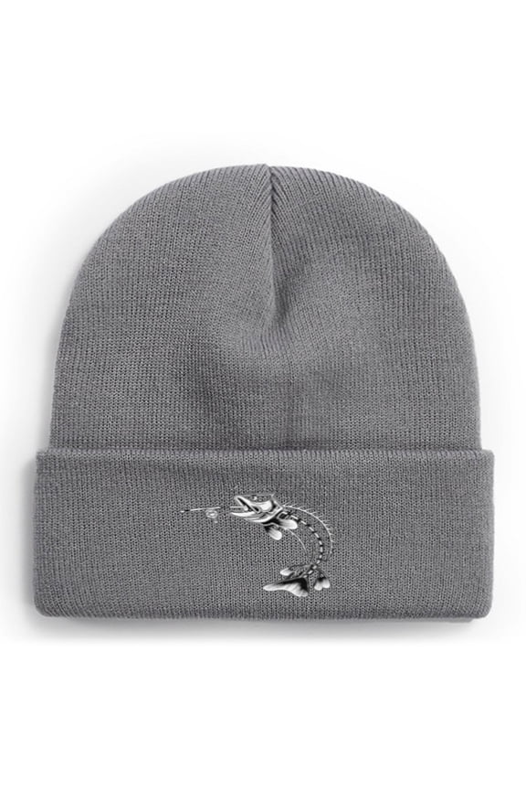 Fishing Knit Beanie Hat - Fish Skull Winter Fishing Hats for Men Cuffed Skull Cap Gift for Dad Husband Grandpa Christmas Father's Day Birthday