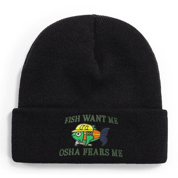 Fishing Knit Beanie Hat - Fish Want Me OSHA Fears Me Winter Fishing Hats for Men Cuffed Skull Cap Gift for Dad Husband Grandpa Christmas Father's Day Birthday