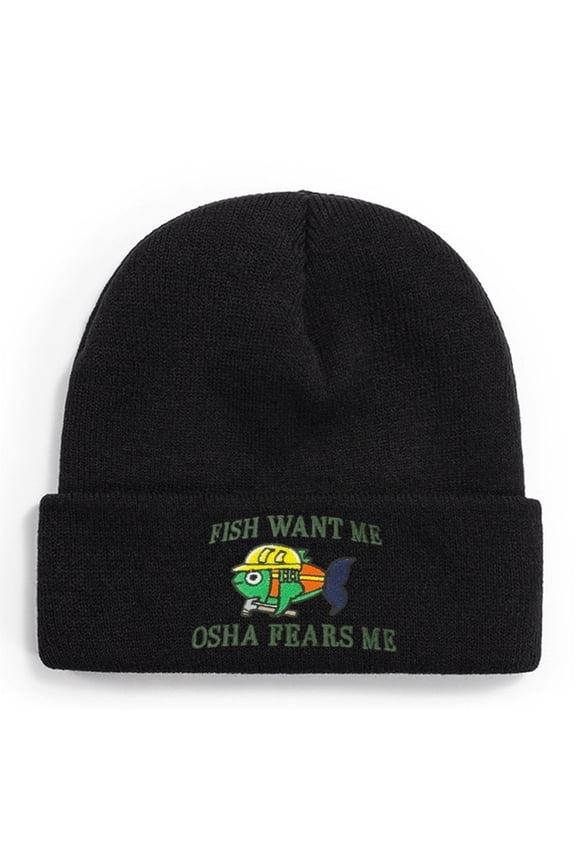 Fishing Knit Beanie Hat - Fish Want Me OSHA Fears Me Winter Fishing Hats for Men Cuffed Skull Cap Gift for Dad Husband Grandpa Christmas Father's Day Birthday