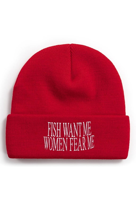 Fishing Knit Beanie Hat - Fish Want Me Women Fear Me Hat Cap Winter Fishing Hats for Men Cuffed Skull Cap Gift for Dad Husband Grandpa Christmas Father's Day Birthday