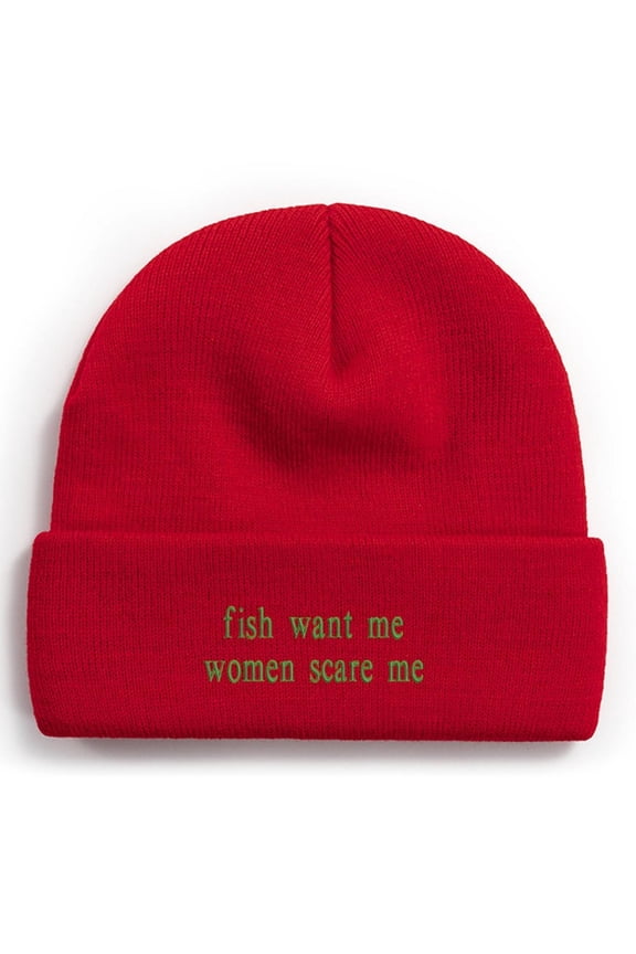 Fishing Knit Beanie Hat - Fish Want Me Women Scare Me Winter Fishing Hats for Men Cuffed Skull Cap Gift for Dad Husband Grandpa Christmas Father's Day Birthday