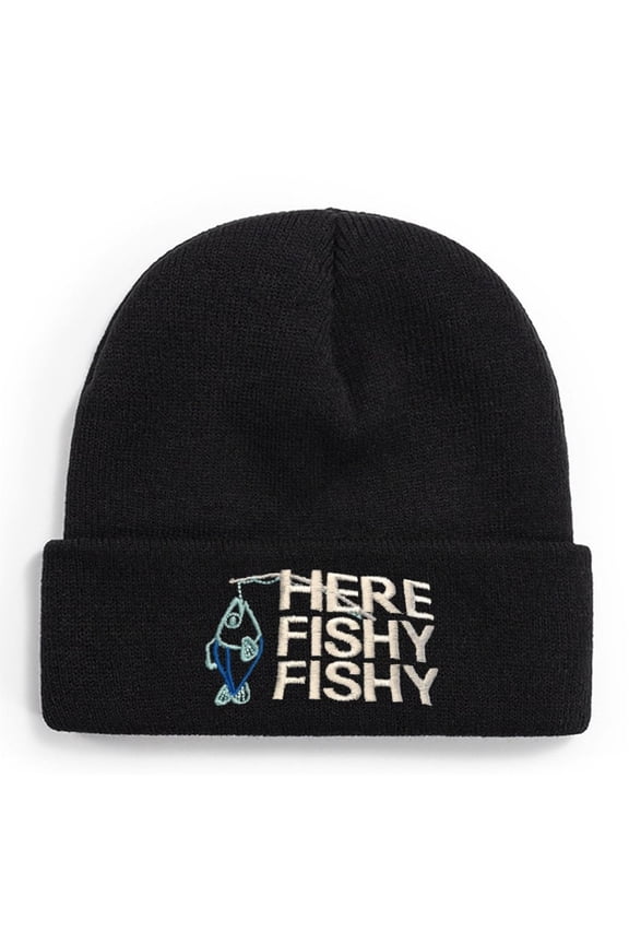 Fishing Knit Beanie Hat - Here Fishy Fishy with Fish And Pole Winter Fishing Hats for Men Cuffed Skull Cap Gift for Dad Husband Grandpa Christmas Father's Day Birthday