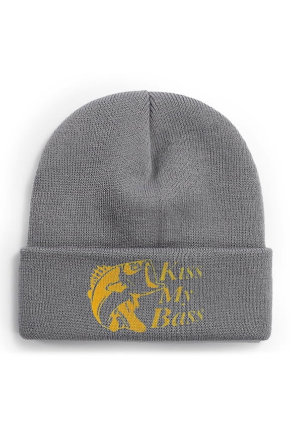 Fishing Knit Beanie Hat - Kiss My Bass Fish Winter Fishing Hats for Men Cuffed Skull Cap Gift for Dad Husband Grandpa Christmas Father's Day Birthday