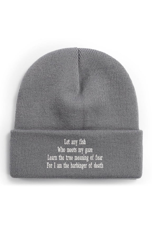 Fishing Knit Beanie Hat - Let Any Fish Who Meets My Gaze Learn The True Meaning of Fear For I Am The Harbinger of Death Winter Fishing Hats for Men Cuffed Skull Cap Gift for Dad Husband Grandpa Chris