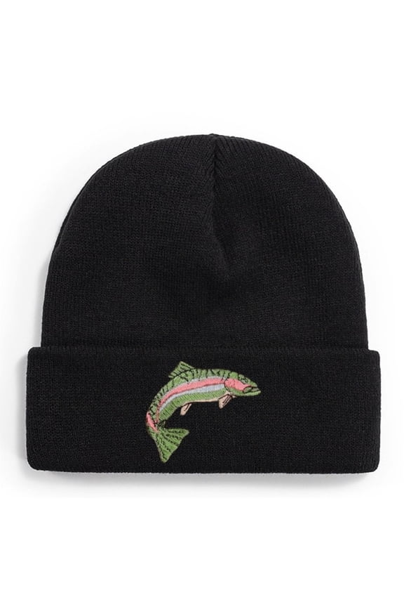 Fishing Knit Beanie Hat - RAINBOW TROUT HAT Winter Fishing Hats for Men Cuffed Skull Cap Gift for Dad Husband Grandpa Christmas Father's Day Birthday