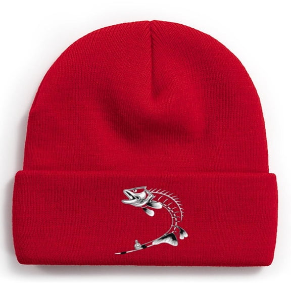 Fishing Knit Beanie Hat - Right Fish Rod Winter Fishing Hats for Men Cuffed Skull Cap Gift for Dad Husband Grandpa Christmas Father's Day Birthday