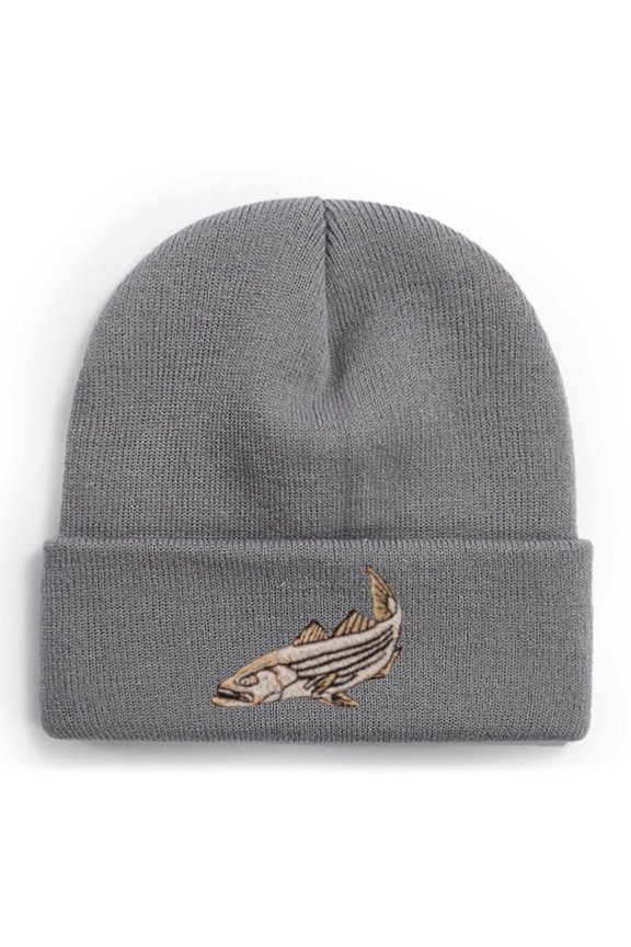 Fishing Knit Beanie Hat - Striper Fish Wildlife Adult Winter Fishing Hats for Men Cuffed Skull Cap Gift for Dad Husband Grandpa Christmas Father's Day Birthday