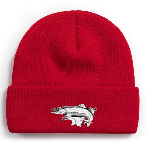 Fishing Knit Beanie Hat - Trout Winter Fishing Hats for Men Cuffed Skull Cap Gift for Dad Husband Grandpa Christmas Father's Day Birthday