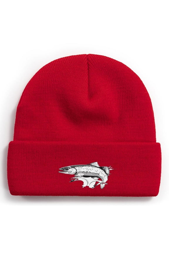 Fishing Knit Beanie Hat - Trout Winter Fishing Hats for Men Cuffed Skull Cap Gift for Dad Husband Grandpa Christmas Father's Day Birthday