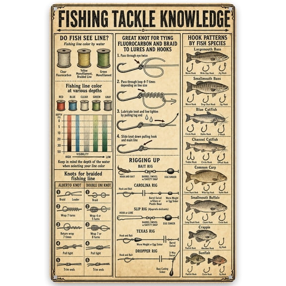 Fishing Knowledge Metal Wall Decor Sign, Vintage Style Iron Home Decoration for Anglers, Features Hook Patterns and Knot Guides, Rustic 8x12 Inch Weather Resistant Indoor/Outdoor Use