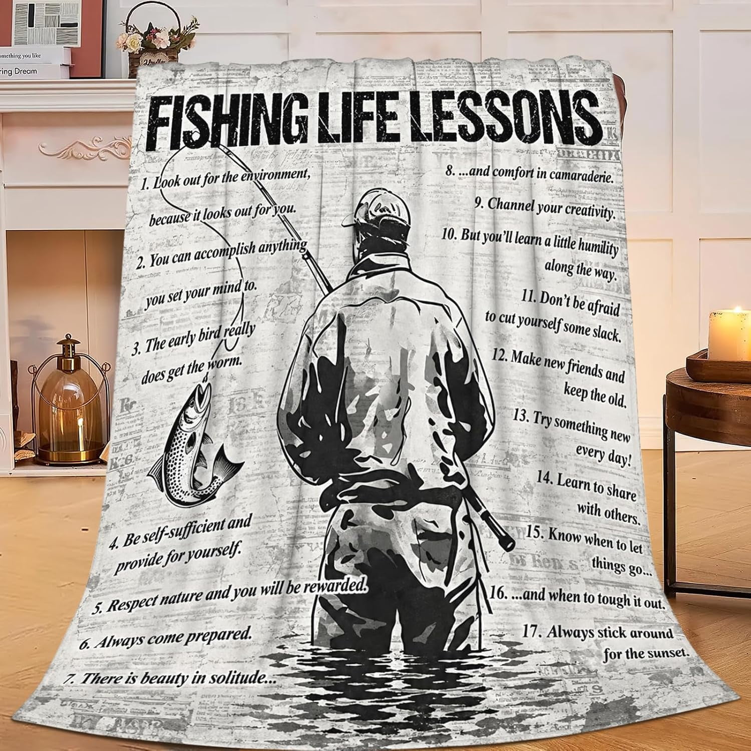 Fishing Life Lessons Throw Blanket For Fisherman Dad Newspaper Print ...