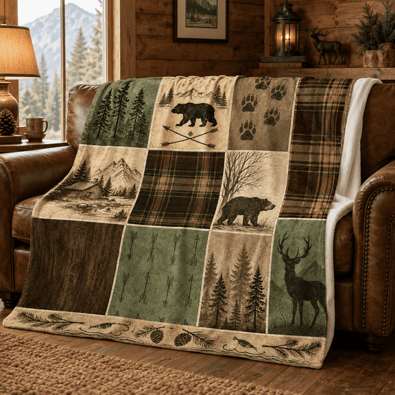 Fishing Lodge Wildlife Blanket, Bear and Buck Patchwork with Cabin, Pine Forest, Paw Prints, Plaid and Woodgrain Panels for Couch Bed Rustic Decor, 60 x 80 in