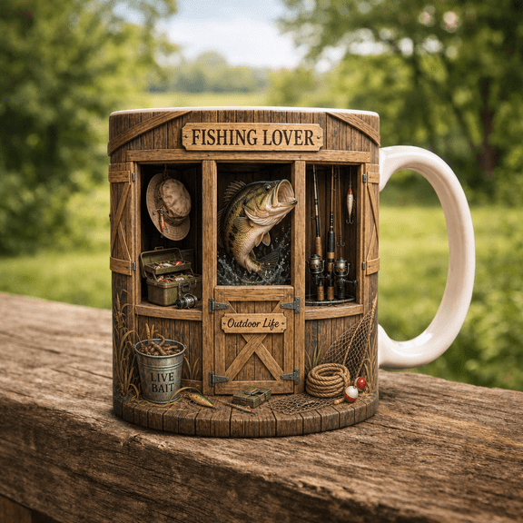 Fishing Lover Coffee Mug, Rustic Outdoor Life Mug Gift for Anglers