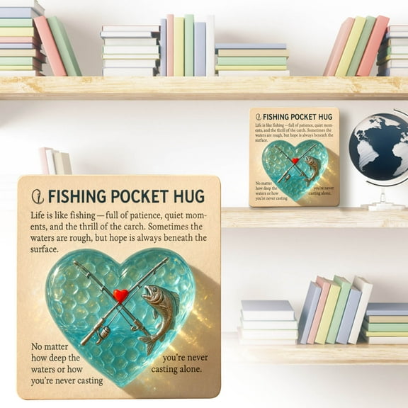 Fishing Lover Pocket Hug Gift Card - Sea Glass Heart Token with Rod and Fish Design, Inspirational Angler Keepsake Fisher Dad Pocket Gift