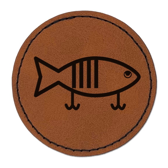 Fishing Lure 2.5" Faux Leather Round Engraved Iron-On Patch - Brown