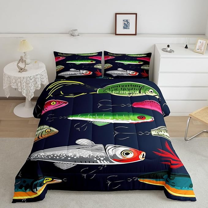 Comforter Fish Pattern Fishing Lure Bedding Set Comforter Colorful Fish Bait Comforter Set ...