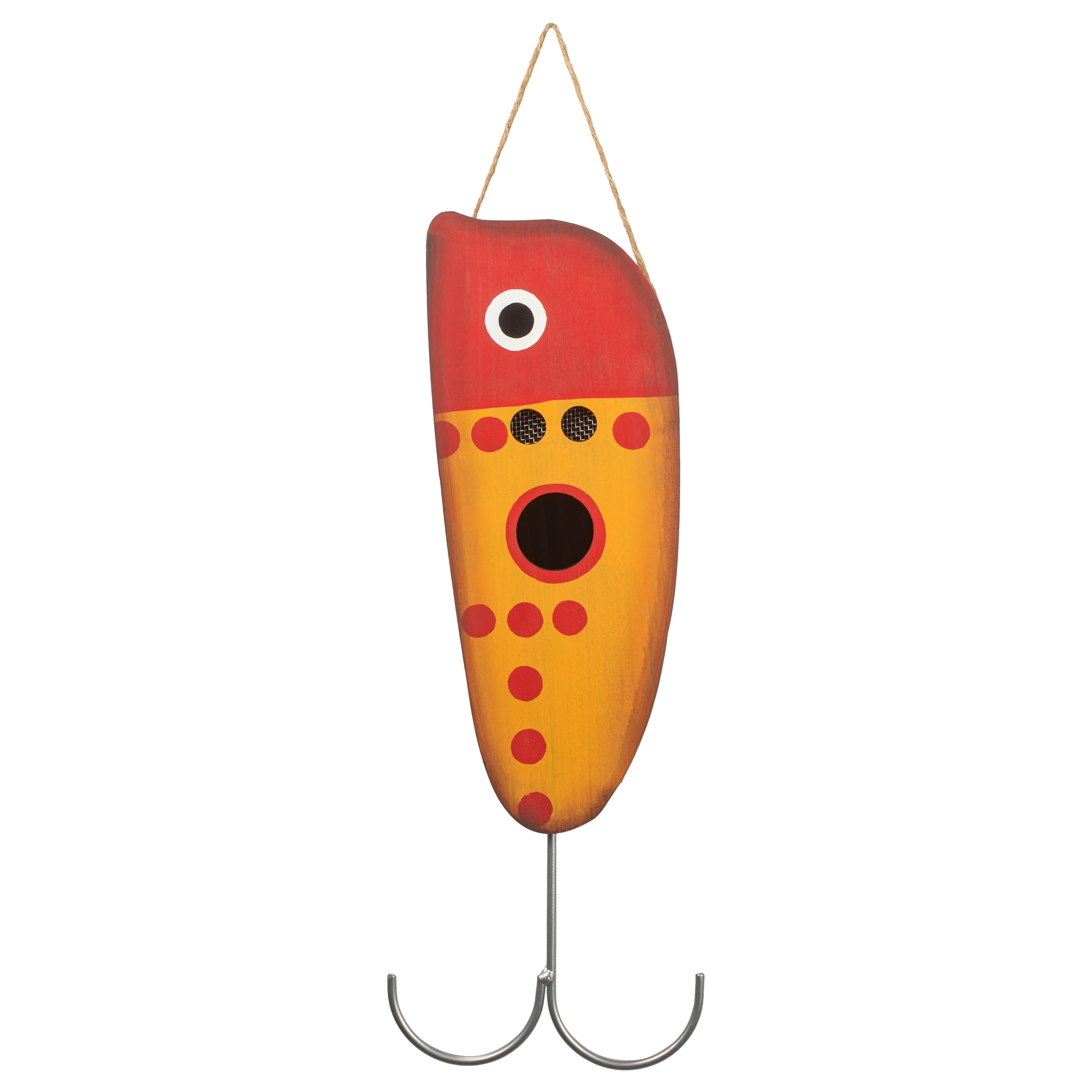 Fishing Lure Bright Red and Orange 17.5 Inches Wood Hanging Outdoor Bird  House 