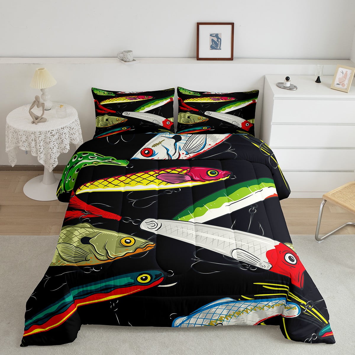 Fishing Lure Comforter Set Queen, Colorful Fish Bedding For Kids Boys