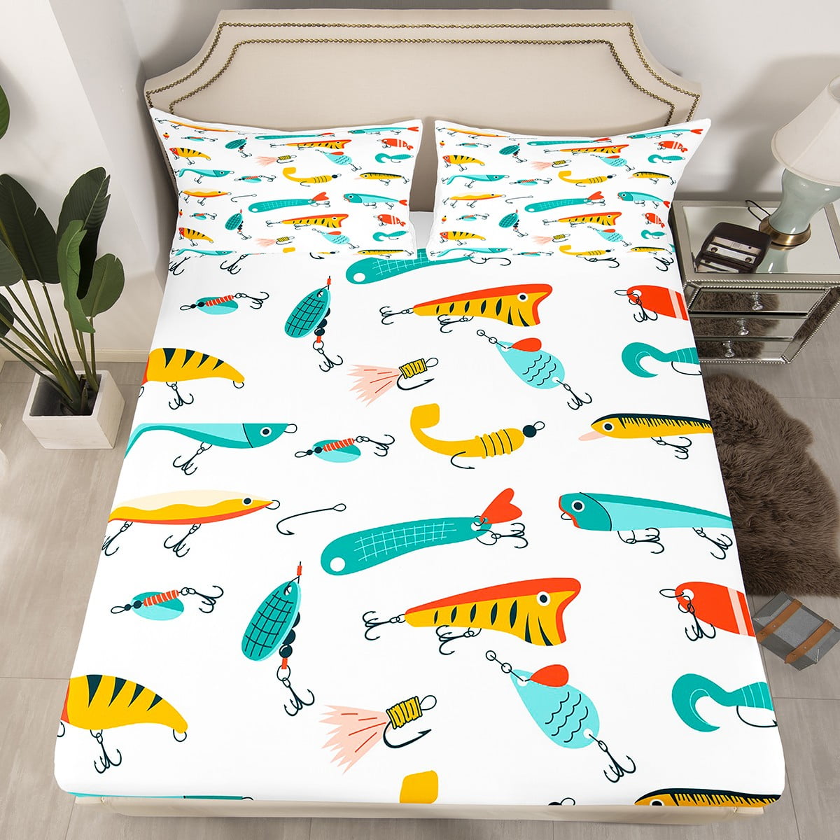 Fishing Lure Fitted Sheet Queen, Fish Bait Bed Sheets For Teens, Hand ...