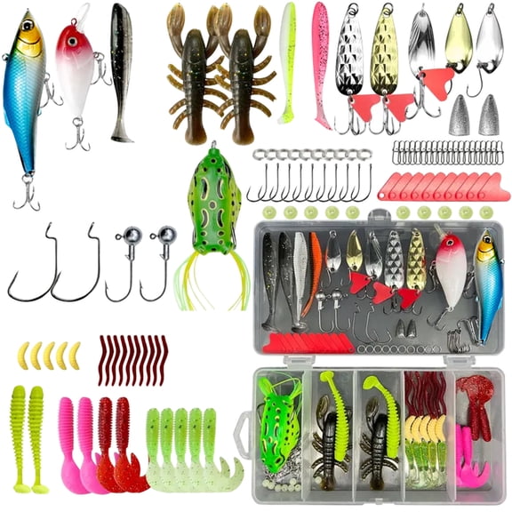 Fishing Lure Kit - 107pcs Hard Soft Baits, Hooks, Jigs with Tackle Box for Freshwater Saltwater Fishing Enthusiasts