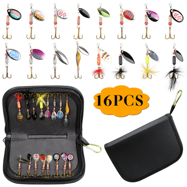Fishing Lure Kit for Trout 16pcs Spinner Baits Feather Tail Spinner Bait  Bass Lures Hard Metal Lure kit with Portable Carry Bag