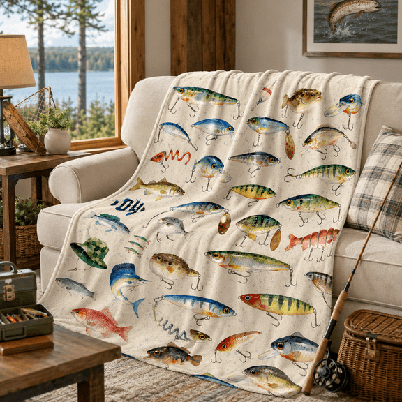 Fishing Lure Pattern Blanket with Colorful Crankbaits, Spinners, Hooks and Fish-Shaped Baits on Cream Flannel for Couch, Bed, Cabin and Travel, 30 x 40 in