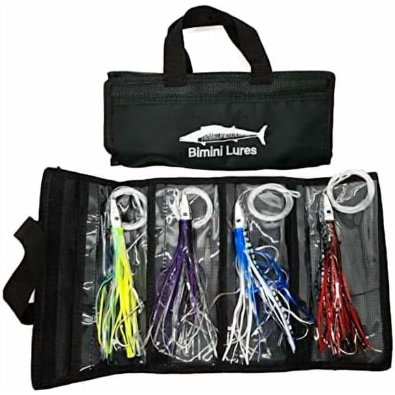 Fishing Lure Set of 4 Trolling Saltwater Skirted Lures: Rigged Lures and Black Bag Included. Catch Any Predatory Pelagic Fish in The Ocean Including Dolphin, Tuna, and Wahoo!