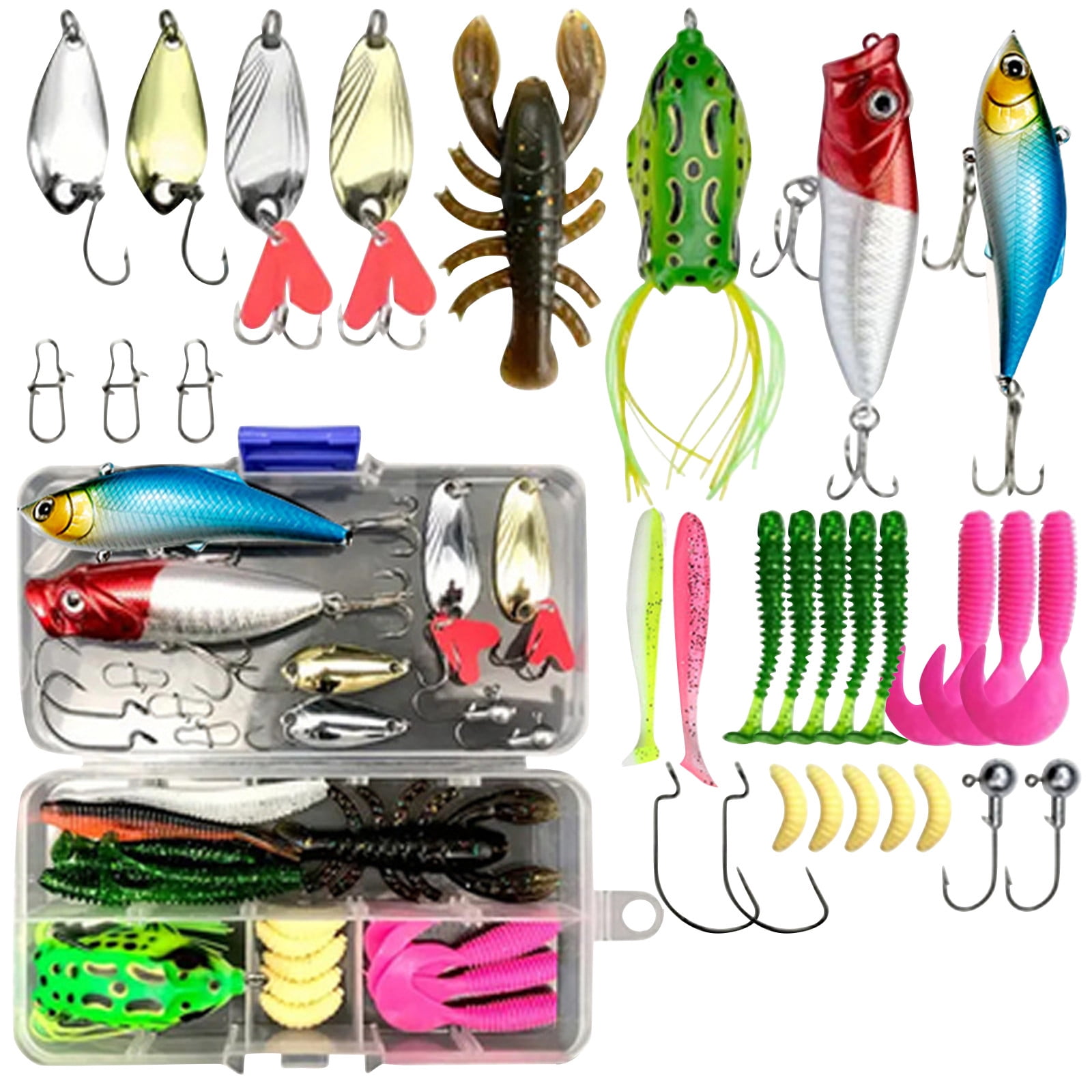 Fishing Lure Tackle Kit - Includes Crankbaits, Spinners, Soft Plastics with Hooks, Storage Box - For Freshwater Saltwater Anglers, Bass Trout Fishing Enthusiasts