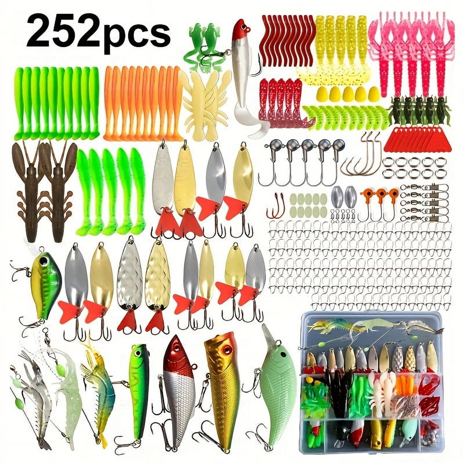 Fishing Lure Tackle Kit with Box, Including Minnow, Spoon Lures, Soft Lures Bait, Forg Soft Bait, Soft Worms Bait, Rigs Jig Head