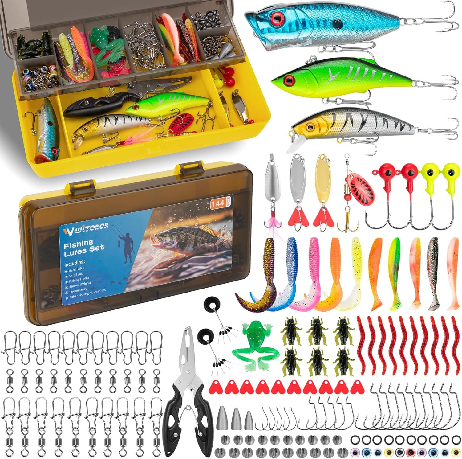Koldwater Fishing Lures Kit, 144Pcs with Tackle Box, Crankbaits, Hooks, Jigs, Weights, Accessories - Walmart.com Koldwater Fishing Lures Kit, 144Pcs with Tackle Box, Crankbaits, Hooks, Jigs, Weights, Accessories - Walmart.com