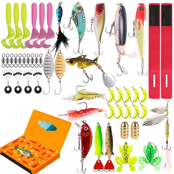 Fishing Lures, 24 Piece Advent Calendar Blind Box, Assorted Spoons Soft Baits Minnows Frog Lures Kit, for Freshwater Saltwater Angler Trout Bass Pike Fishing
